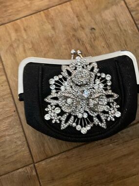 Black Evening Clutch with Crystal Brooch Accent